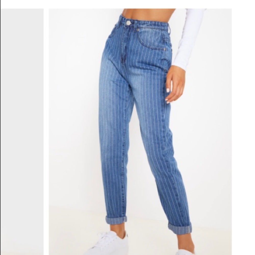 BLUE STRIPED TURN UP MOM JEANS - Picture 5 of 5